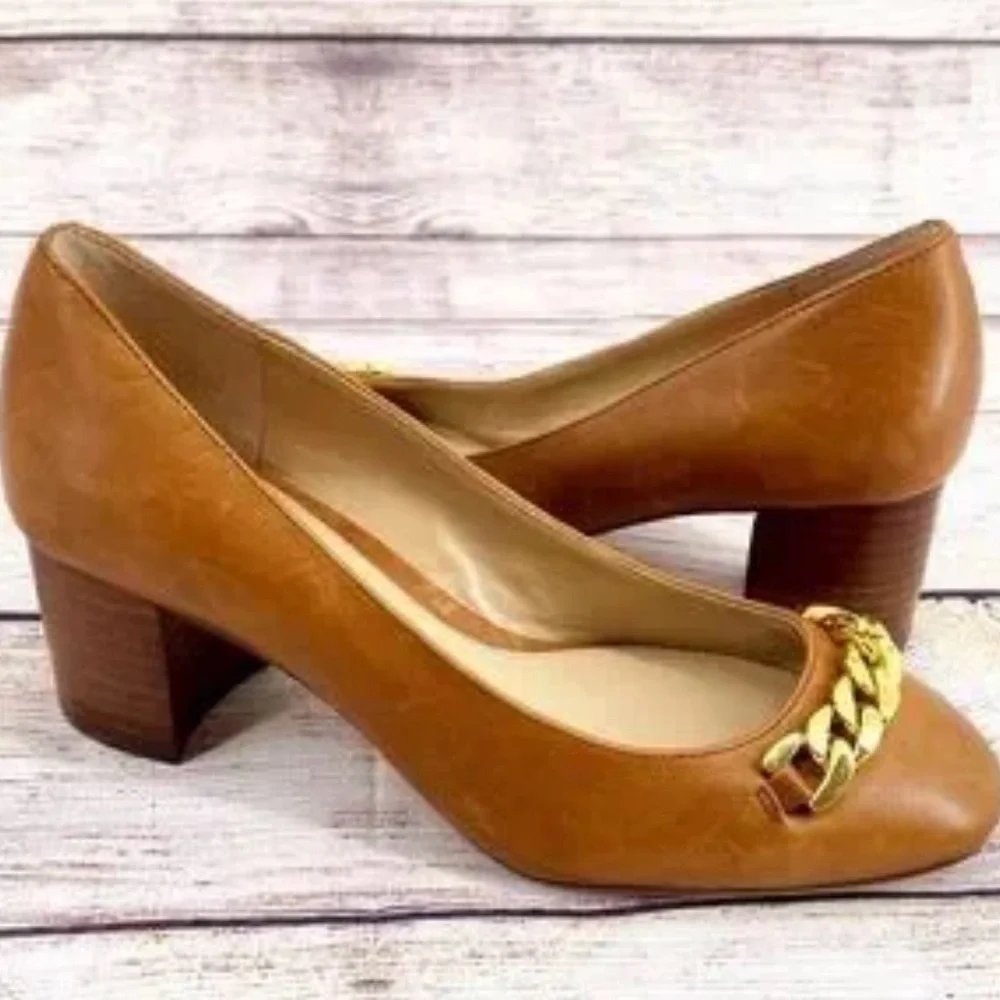 Lauren Ralph Lauren Brown Leather Pumps with Gold Chain Accent